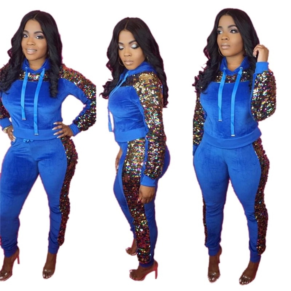 Colorful Sequins Patchwork Velvet Women Tracksuit